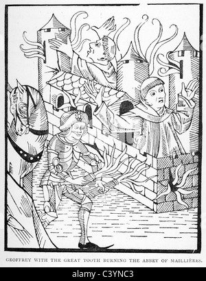 Xylographie médiévale de l'histoire de Mélusine. Geoffrey avec le grand feu de la dent l'abbaye d'Maillieres Banque D'Images