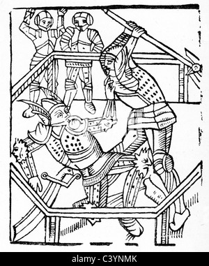 Xylographie médiévale de l'histoire du chevalier du Cygne. Combat entre Helias et Anglais : Blue Marlin Banque D'Images