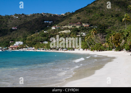 Scène idyllique de vagues se brisant sur la plage avec des palmiers et de belles maisons en flanc de Cane Garden Bay, dans les îles Vierges britanniques Banque D'Images