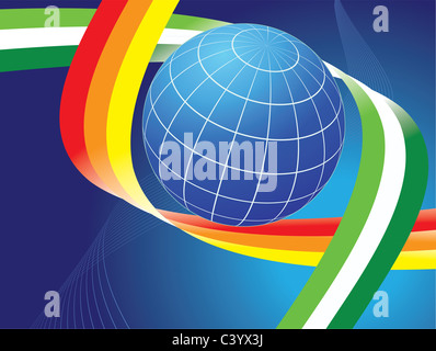 Globe de la terre et les courbes de couleurs arc-en-ciel sur fond bleu foncé Banque D'Images