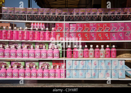 Magasin qui vend des produits au cours de la rose rose festival à El Kelaa M'Gouna, Maroc Banque D'Images