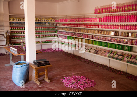 Magasin qui vend des produits au cours de la rose rose festival à El Kelaa M'Gouna, Maroc Banque D'Images