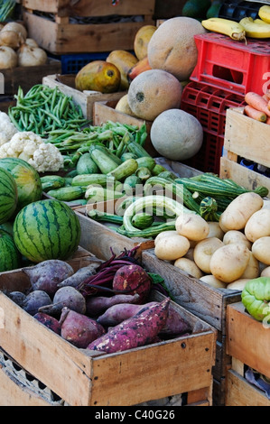 Distributeurs de produits frais sont affichées à un marché en plein air à Sayulita, Mexique. Banque D'Images