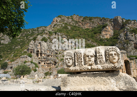 Bain Turc, Riviera, Lycie, falaise, tombes, masques de théâtre, Myra, Lycie, côte sud, la Turquie, la culture Banque D'Images