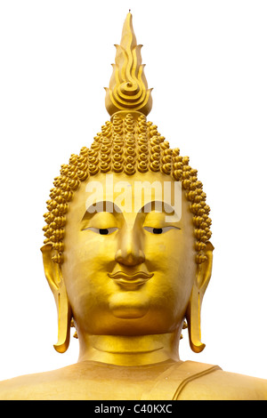Tête de statue de Bouddha Doré géant wat Muang, la plus haute de la Thaïlande, Angthong. isolé sur fond blanc Banque D'Images