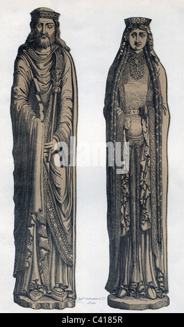 Clovis I, vers 466 - 27.11.511, roi des Francs 482 - 511, avec épouse Clothilde, statues, portail de la cathédrale Saint-Spire, Corbeil-Essones, XIIe siècle, lithographie de couleur, XIXe siècle, , Banque D'Images