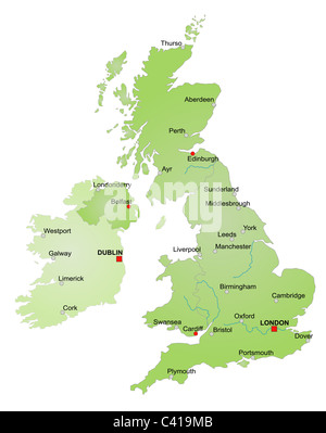 Carte stylisée du Royaume-Uni montrant l'Angleterre, Pays de Galles, Ecosse, Irlande du Nord et l'Irlande. Le tout sur fond blanc. Banque D'Images