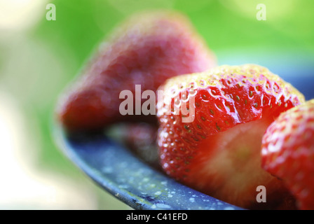 Les fraises mûres fraîches dans une passoire en émail bleu cobalt vintage Banque D'Images