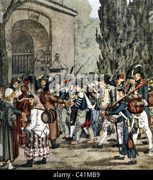 Événements, guerre de la quatrième Coalition 1806/1807, les prisonniers prussiens sont amenés à Leipzig par les Français après la bataille de Jena-Auerstedt, octobre 1806, gravure en cuivre coloré par C.G.H. Geissler, Jena, Auerstedt, guerres napoléoniennes, Prusse, France, mendicité, défaite, historique, historique, soldats, Saxe, uniforme, militaire, uniformes, 19e siècle, peuple, droits additionnels-Clearences-non disponible Banque D'Images