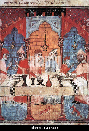 Judaïsme, fêtes, Seder de la Pâque, premier jour de la fête rituelle de la Pâque, lecture de Haggadah, miniature juive, Espagne, XIVe siècle, historique, historique, famille, familles, religion, célébration, juif, juifs, judéité, navire, navires, cérémonie, cérémonies, Pâque, Pesah, Pesakh, Peysekh, Pasysakh, peuple, droits additionnels-Clearences pas disponible Banque D'Images