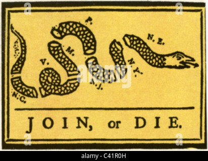Géographie / Voyage, USA, politique, allégorie, 'Rejoignez ou mourir', illustration de l'article pf Benjamin Franklin, 'The Pennsylvania Gazette', 9.5.1754, , droits additionnels-Clearences-non disponible Banque D'Images