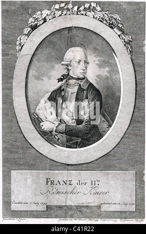 François II, 12.2.1768 - 2.3.1835, Saint Empereur Romain 1792 - 1806, que François Ier Empereur d'Autriche 1804 - 1835, portrait, gravure sur cuivre par P.W. Schwarz, 1797, copyright de l'artiste n'a pas à être effacée Banque D'Images