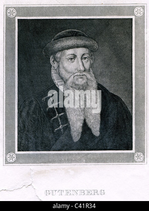 Gutenberg, Johannes Gensfleisch zur Laden zum, vers 1400 - 3.2.1468, l'inventeur allemand, portrait, gravure sur acier d'après une peinture, 19e siècle, l'artiste n'a pas d'auteur pour être effacé Banque D'Images