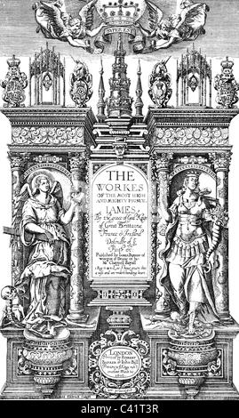 James I, 19.6.1566 - 27.3.1625, roi d'Angleterre 24.3.1603 - 27.3.1625, œuvres, titre, imprimé par Robert Barker et John Bill, Londres, 1616, Banque D'Images