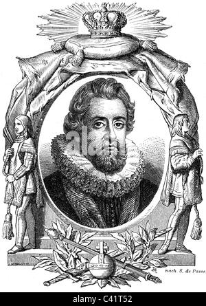 James I, 19.6.1566 - 27.3.1625, roi d'Angleterre 24.3.1603 - 27.3.1625, portrait, gravure sur bois, XIXe siècle, , Banque D'Images