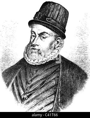Philip II, 21.5.1527 - 13.9. 1598, roi d'Espagne 16.1.1556 - 13.9.1598, portrait, gravure en bois, XIXe siècle, , Banque D'Images