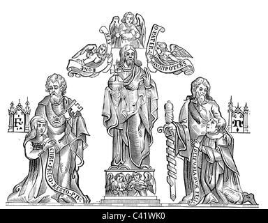 Flamel, Nicolas, vers 1330 - 1418, alchimie française et auteur / écrivain, avec épouse Pernelle devant Jésus-Christ, après peinture sous le Cimetiere des Innocents, Paris, fin du XVe siècle, gravure en bois, XIXe siècle, , Banque D'Images