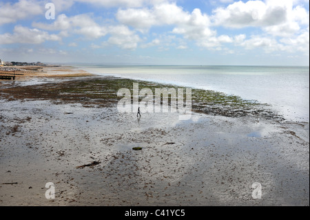 Un nageur solitaire marche à travers le sable pour une baignade au large de Worthing Beach à marée basse West Sussex UK Banque D'Images