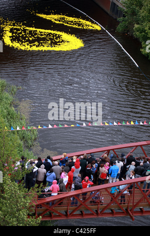 Les foules sur Anchor Mill passerelle de Paisley regarder la course de canards annuel Banque D'Images