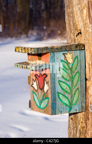 Beau nichoir peint en hiver devient feed pour les oiseaux. Banque D'Images