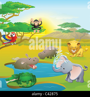 Cute animal safari africain personnages de scène. Série de trois illustrations formant paysage panoramique. Banque D'Images