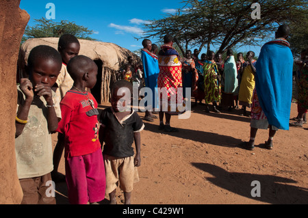 Village Samburu, Loisaba Wilderness Conservancy, Laikipia, Kenya. Banque D'Images