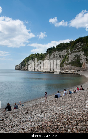 Détente au bord de la mer sur la plage de la bière dans le village de bière dans le Dorset sur la côte sud de l'Angleterre Banque D'Images