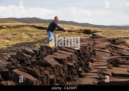 Coupe homme empilés pour le séchage des blocs de tourbe comme combustible traditionnel. Les Îles Shetland, Écosse, Royaume-Uni, Europe. Banque D'Images
