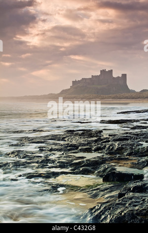 Château de Bamburgh à la première lumière à partir d'un bas plateau rock Whin nord du château, Northumberland, England Banque D'Images