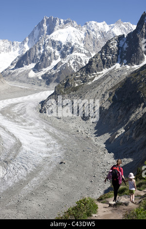 Une jeune femme et un enfant randonnent sur un sentier qui surplombe le 'Mer de glace' dans le massif du Mont blanc.Les montagnes lointains sont les grandes Jorasses.France. Banque D'Images