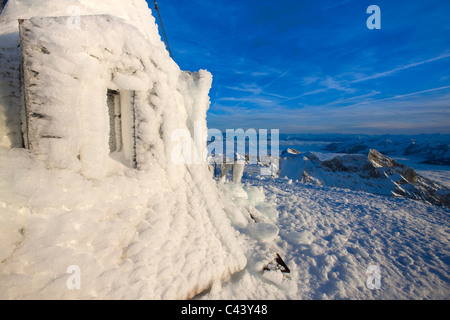 Santis, Suisse, Europe, canton d'Appenzell Rhodes-Intérieures,, montagne, view point, station météo, hiver, neige, glace, brouillard, la mer o Banque D'Images