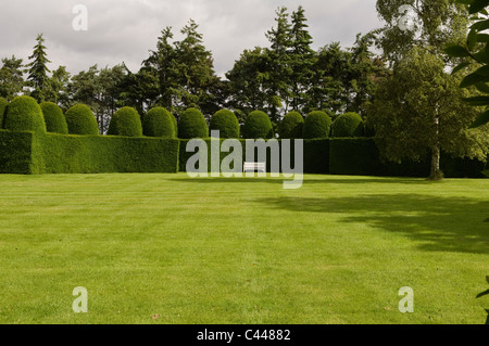 Banc en bois sur grand jardin avec gazon anglais topiaire et couverture Banque D'Images