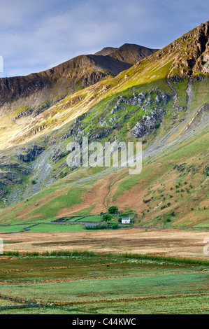 Cottage gallois blanchis sous le pic de Goch, Nant Ffrancon Foel Valley, Parc National de Snowdonia, Gwynedd, au nord du Pays de Galles, Royaume-Uni Banque D'Images