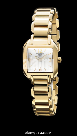 Mesdames Tissot watch or jaune sur fond noir Banque D'Images