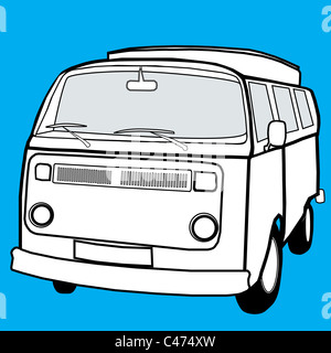 Le camping-car dans l'illustre simple style noir et blanc sur fond bleu Banque D'Images
