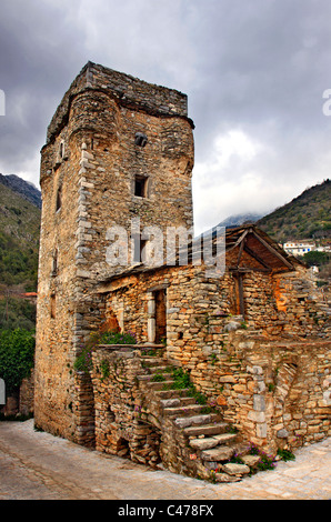 Le "donjon" de Dourakis, exemple typique de l'architecture, village Maniot Kastania, Western (essénien "') Mani, Grèce Banque D'Images