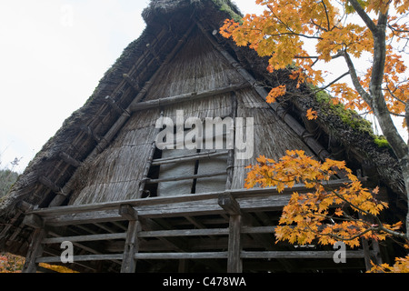 Détail de toit de chaume traditionnel restauré chambre à Hida-no-Sato Folk Village, Takayama, préfecture de Gifu, Japon, Asie. Banque D'Images