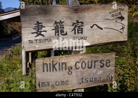 Enseigne sur Nakasendo post road entre Magome et Tsumago poster communes montrant randonnées cours, Nagano, Japon. Banque D'Images