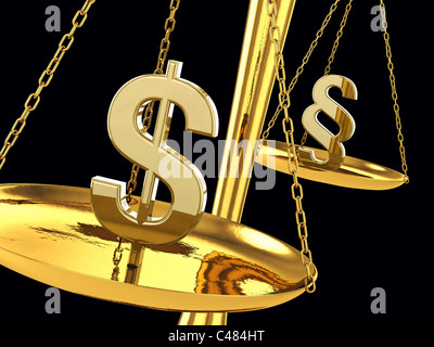 Dollar et paragraphe signe sur une échelle en laiton , 3d illustration Banque D'Images