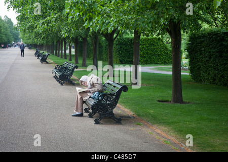 Dame âgée lisant un livre sur un banc de parc dans Regent's Park, Londres. Banque D'Images