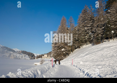 Sankt Moritzersee promenade. St.Moritz. Grisons, montagnes des Grisons. Alpes. La Suisse. L'hiver. Banque D'Images