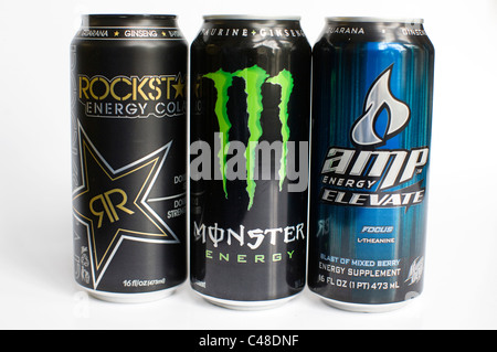 Un mélange os RockStar, Monster, AMP et Red Bull boisson énergétique. Banque D'Images