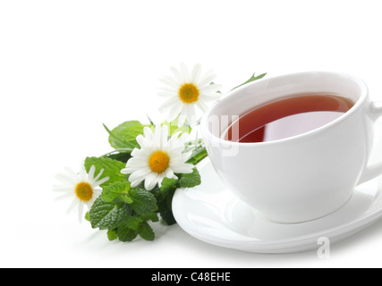 Thé noir avec des feuilles de menthe fraîche et daisy. Isolé sur fond blanc. Banque D'Images