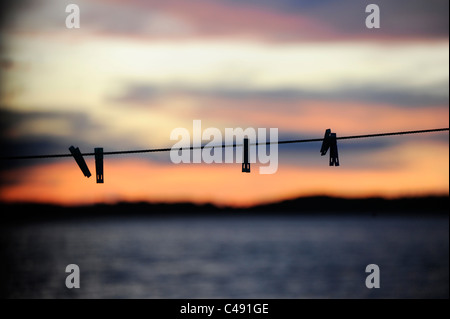 Une ligne de lavage vide avec des pointes silhouetté contre un ciel de temporisation sur Nalunega island, archipel des San Blas, Panama Banque D'Images