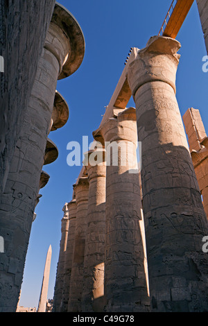 Les colonnes de la salle hypostyle du Temple de Karnak. Les colonnes sont décorées de sculptures de scènes cultes. Banque D'Images