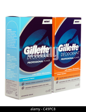 Deux aisselles déodorant Gillette en boîte les distributeurs de crème fraîche ultime et Sport Banque D'Images