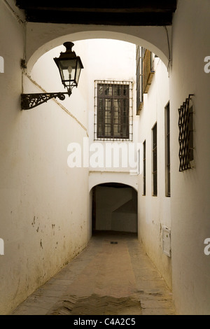 Typique / passage clos étroites traditionnelles/partiellement couverte avec Lanterne éclairage dans les vieux / centre de Séville. L'Espagne. Banque D'Images