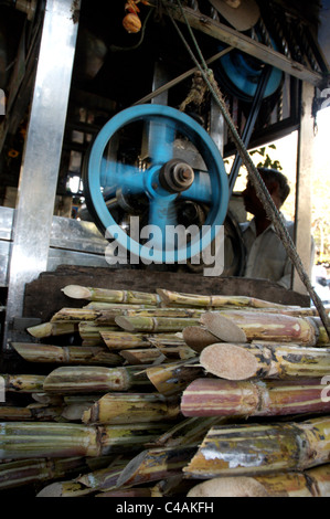 Une machine de broyage de la canne à sucre utilisé pour la fabrication de jus de canne à sucre en Inde Banque D'Images