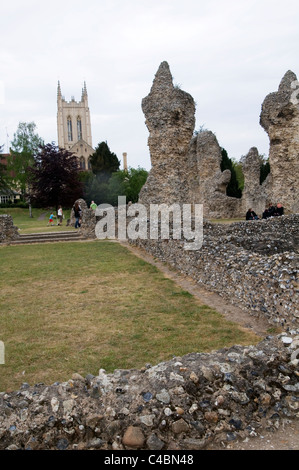 Ruines de l'abbaye de Bury St Edmunds jardins avec cathédrale en arrière-plan suffolk uk Banque D'Images