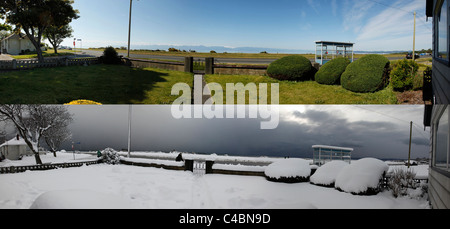 Matin de printemps et d'hiver matin vue imprenable sur montagnes olympiques et le long du détroit de Juan de Fuca Dallas Road Victoria BC Banque D'Images